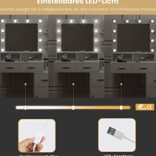 Rootz Living Sminkbord>Rootz Sminkbord med LED-spegel - Sminkbord - Justerbar ljusstyrka, rymlig förvaring, hållbar konstruktion - 90 cm x 143 cm x 39,5 cm
