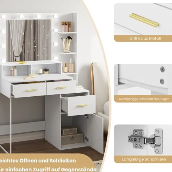 Rootz Living Sminkbord>Rootz Sminkbord med LED-spegel - Sminkbord - Justerbar ljusstyrka, rymlig förvaring, hållbar konstruktion - 90 cm x 143 cm x 39,5 cm