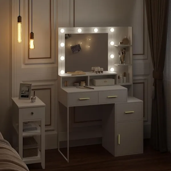 Rootz Living Sminkbord>Rootz Sminkbord med LED-spegel - Sminkbord - Justerbar ljusstyrka, rymlig förvaring, hållbar konstruktion - 90 cm x 143 cm x 39,5 cm