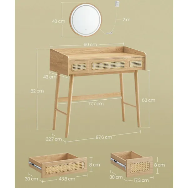 Rootz Living Sminkbord>Rootz Sminkbord med spegel och belysning - Sminkbord - Ben i massivt trä - MDF - Ek Beige - 43cm x 90cm x 82cm