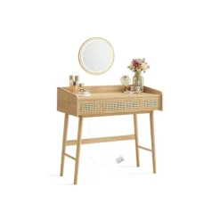 Rootz Living Sminkbord>Rootz Sminkbord med spegel - Sminkbord - Sminkbord - LED-belysning - 43 cm x 90 cm x 82 cm - Ben i massivt trä - MDF - Spånskiva