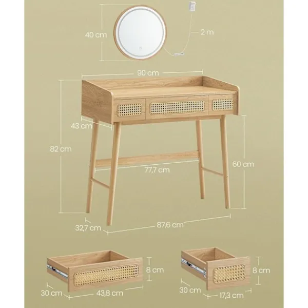 Rootz Living Sminkbord>Rootz Sminkbord med spegel - Sminkbord - Sminkbord - LED-belysning - 43 cm x 90 cm x 82 cm - Ben i massivt trä - MDF - Spånskiva