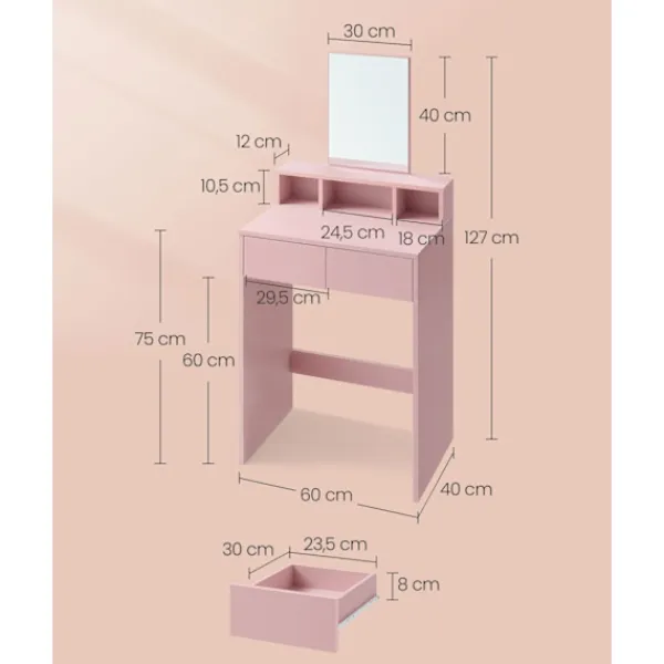 Rootz Living Sminkbord>Rootz Sminkbordsset med spegel - Sminkbord - Sminkbord - 2 lådor - Pastellrosa - 40cm x 60cm x 127cm