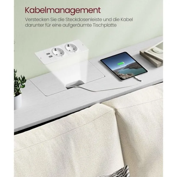 Rootz Living Småbord>Rootz Snövit spånskiva stål sidobord - Ändbord - Nattduksbord - Power Strip - Lätt - Robust - Enkel montering - 25 cm x 120 cm x 81,1 cm