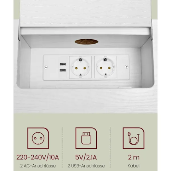 Rootz Living Småbord>Rootz Snövit spånskiva stål sidobord - Ändbord - Nattduksbord - Power Strip - Lätt - Robust - Enkel montering - 25 cm x 120 cm x 81,1 cm