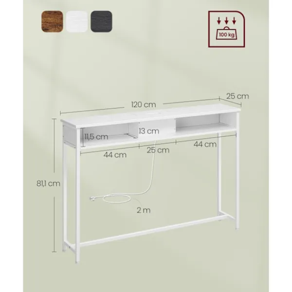 Rootz Living Småbord>Rootz Snövit spånskiva stål sidobord - Ändbord - Nattduksbord - Power Strip - Lätt - Robust - Enkel montering - 25 cm x 120 cm x 81,1 cm