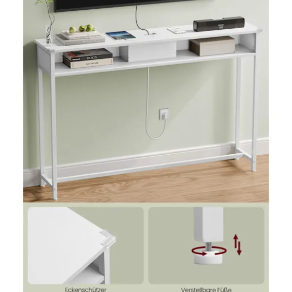 Rootz Living Småbord>Rootz Snövit spånskiva stål sidobord - Ändbord - Nattduksbord - Power Strip - Lätt - Robust - Enkel montering - 25 cm x 120 cm x 81,1 cm