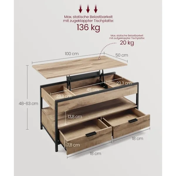 Rootz Living Soffbord>Rootz soffbord med lådor - förvaringsfack - Justerbar höjd - Rymdbesparande - Träflipplatta och stål - 50 x 100 x 48-63 cm