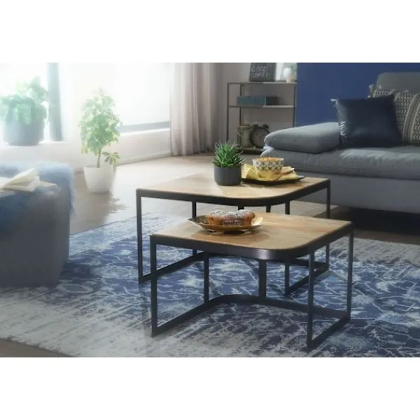 Rootz Living Småbord>Rootz soffbordsset om 2 Mango massivt trä - metall vardagsrumsbordslampa - Industriellt kapsbord sidobord metallben svarta - 2-delat bordstablett kaps | Fyndiq