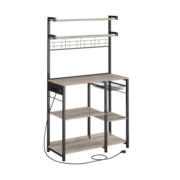 Rootz Living Köksö>Rootz stående hylla med uttag och korg - Greige fläckig - Bläck svart - Spånskiva - Stål - 40cm x 90cm x 165,5cm - 19,2kg. Idealisk för organisation | Fyndiq