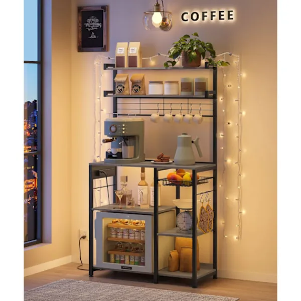 Rootz Living Köksö>Rootz stående hylla med uttag och korg - Greige fläckig - Bläck svart - Spånskiva - Stål - 40cm x 90cm x 165,5cm - 19,2kg. Idealisk för organisation | Fyndiq