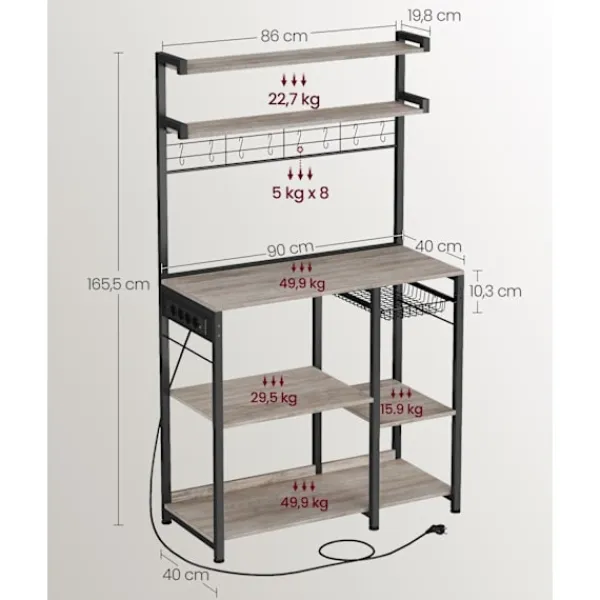 Rootz Living Köksö>Rootz stående hylla med uttag och korg - Greige fläckig - Bläck svart - Spånskiva - Stål - 40cm x 90cm x 165,5cm - 19,2kg. Idealisk för organisation | Fyndiq