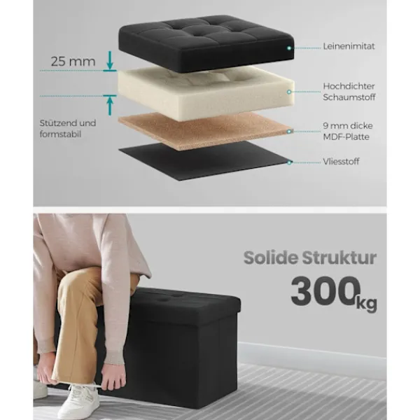 Rootz Living Kistor & Koffertar>Rootz Storage Ottoman Bänk - Stoppad pall - Fotstöd - MDF-ram - Imiterad linne - Skumstoppning - 38cm x 110cm x 38cm - Bläcksvart - 131L Kapacitet