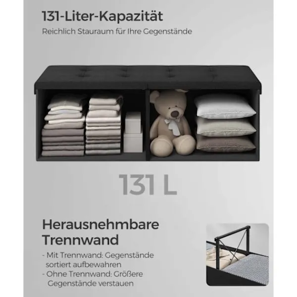 Rootz Living Kistor & Koffertar>Rootz Storage Ottoman Bänk - Stoppad pall - Fotstöd - MDF-ram - Imiterad linne - Skumstoppning - 38cm x 110cm x 38cm - Bläcksvart - 131L Kapacitet