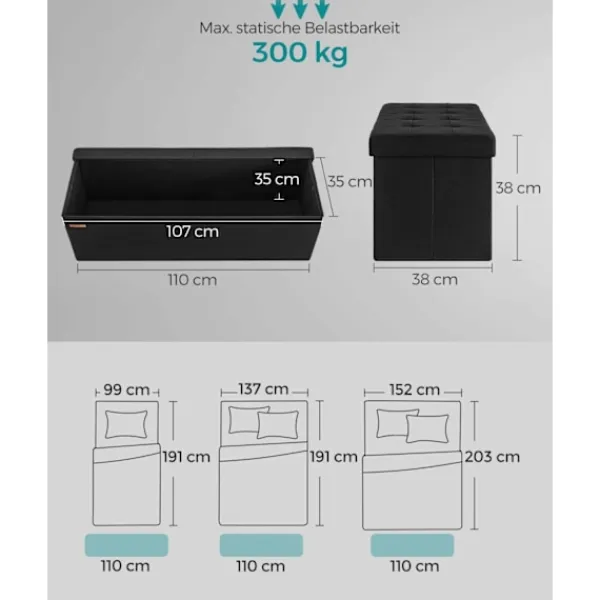 Rootz Living Kistor & Koffertar>Rootz Storage Ottoman Bänk - Stoppad pall - Fotstöd - MDF-ram - Imiterad linne - Skumstoppning - 38cm x 110cm x 38cm - Bläcksvart - 131L Kapacitet