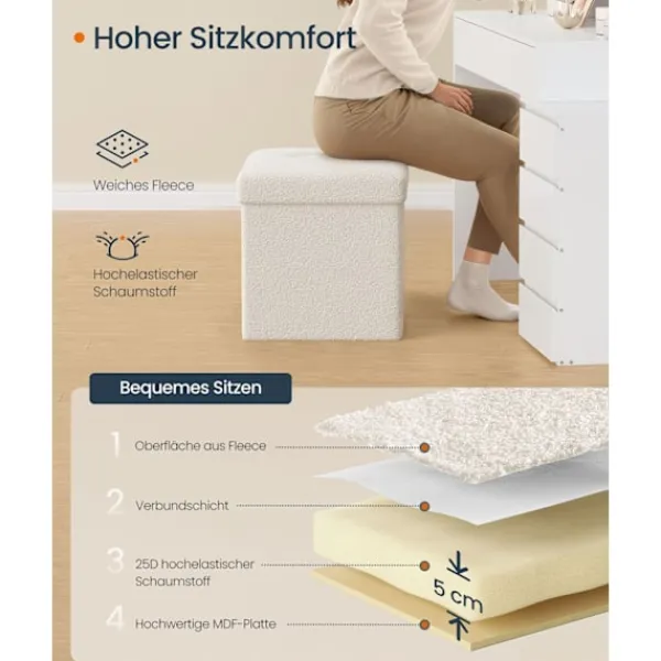 Rootz Living Sittpuffar>Rootz Storage -pall - Seat Chest - Ottoman - 43L Capacity - White MDF & Fleece - 38x38x38cm
