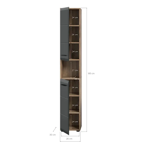 Rootz Living Skåp>Rootz Tall Cabinet - Lagringsenhet - Arrangör - Space -Saver - 2 Dörrar - 4 avtagbara hyllor - Svart och brunt - 30x185x30cm