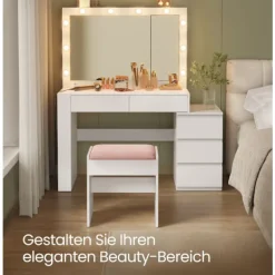 Rootz Living Sminkbord>Rootz toalettbord - Vanity Table - Makeup Table - LED Lighting - White - 40 x 125 x 140 cm