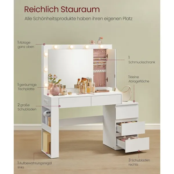 Rootz Living Sminkbord>Rootz toalettbord - Vanity Table - Makeup Table - LED Lighting - White - 40 x 125 x 140 cm