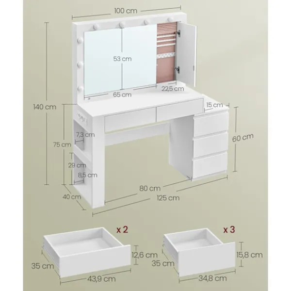 Rootz Living Sminkbord>Rootz toalettbord - Vanity Table - Makeup Table - LED Lighting - White - 40 x 125 x 140 cm