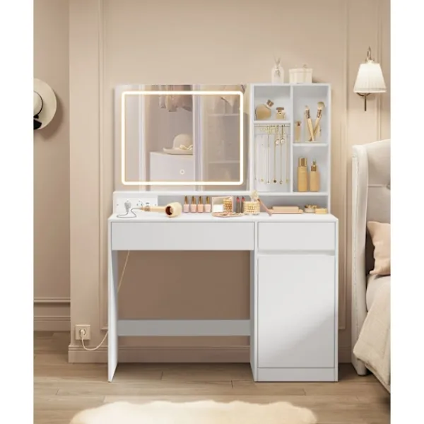 Rootz Living Sminkbord>Rootz toalettbord med LED -belysning - Vanity Table - Makeup Desk - MDF and Chipboard - Cloud White - 40 x 110 x 138 cm