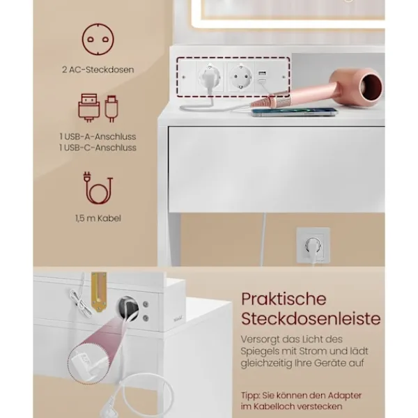 Rootz Living Sminkbord>Rootz toalettbord med LED -belysning - Vanity Table - Makeup Desk - MDF and Chipboard - Cloud White - 40 x 110 x 138 cm