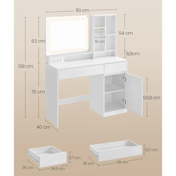 Rootz Living Sminkbord>Rootz toalettbord med LED -belysning - Vanity Table - Makeup Desk - MDF and Chipboard - Cloud White - 40 x 110 x 138 cm