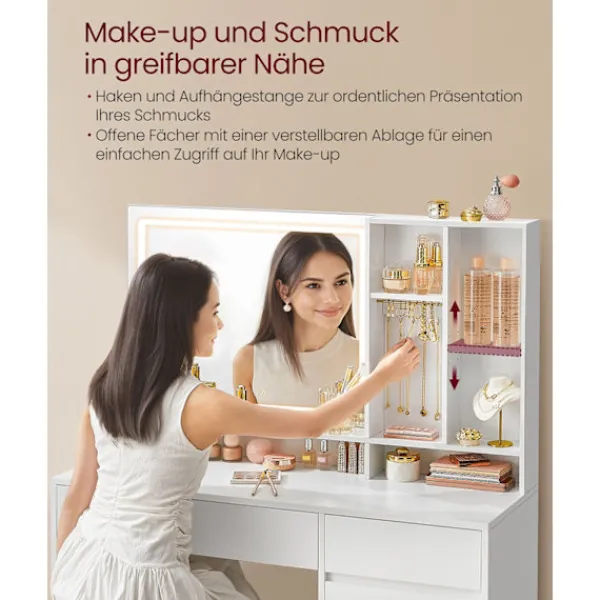 Rootz Living Sminkbord>Rootz toalettbord med LED -belysning - Vanity Table - Makeup Desk - MDF and Chipboard - Cloud White - 40 x 110 x 138 cm