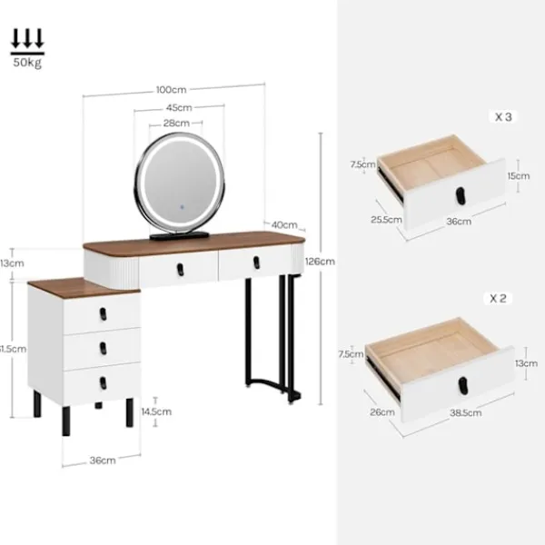 Rootz Living Sminkbord>Rootz toalettbordsset - Makeup Vanity - Beauty Station - Dimble LED Mirror - Velvet Stool - White -brown - 100 x 126 x 40 cm
