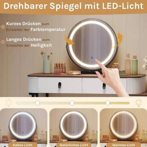 Rootz Living Sminkbord>Rootz toalettbordsset - Makeup Vanity - Beauty Station - Dimble LED Mirror - Velvet Stool - White -brown - 100 x 126 x 40 cm