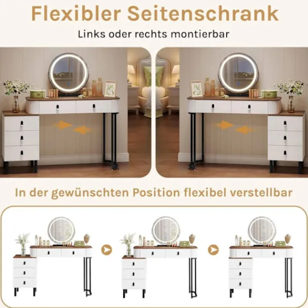 Rootz Living Sminkbord>Rootz toalettbordsset - Makeup Vanity - Beauty Station - Dimble LED Mirror - Velvet Stool - White -brown - 100 x 126 x 40 cm