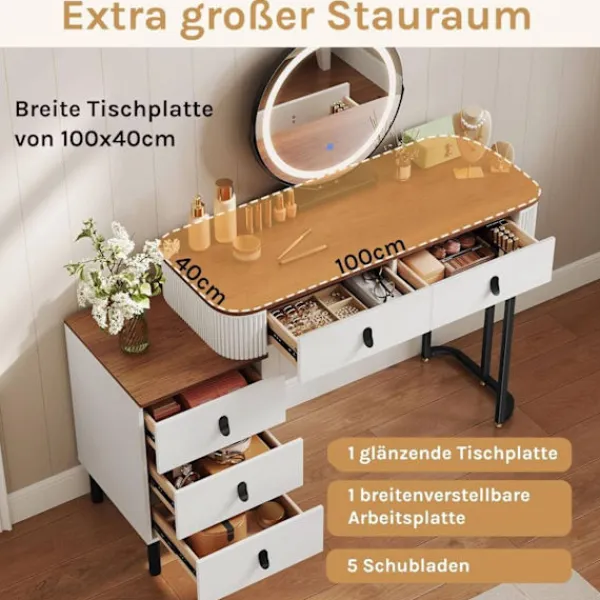 Rootz Living Sminkbord>Rootz toalettbordsset - Makeup Vanity - Beauty Station - Dimble LED Mirror - Velvet Stool - White -brown - 100 x 126 x 40 cm