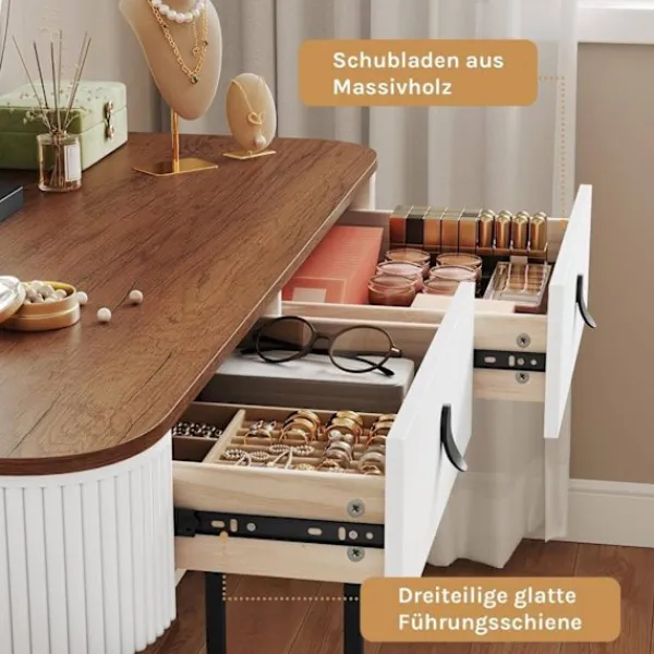 Rootz Living Sminkbord>Rootz toalettbordsset - Makeup Vanity - Beauty Station - Dimble LED Mirror - Velvet Stool - White -brown - 100 x 126 x 40 cm