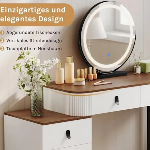 Rootz Living Sminkbord>Rootz toalettbordsset - Makeup Vanity - Beauty Station - Dimble LED Mirror - Velvet Stool - White -brown - 100 x 126 x 40 cm