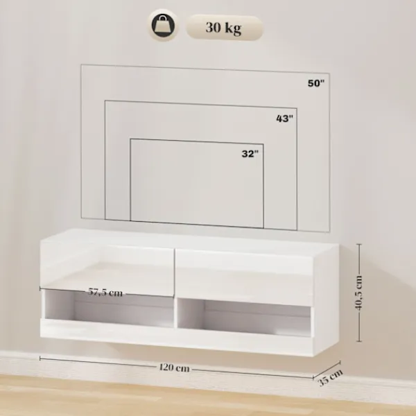 Rootz Living Tv-Bänkar>Rootz TV -hängande skåp med LED -belysning - väggmonterat TV -skåp - Flytande TV -enhet - Stylish Design - 120 x 35 x 40,5 cm