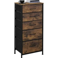 Rootz Living Byråer>Rootz Tyglåda med vintage trälook - Sovrumsbyrå - Skänk med 5 lådor - Organizer - 45,5 x 95,5 x 30 cm