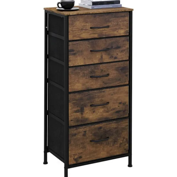 Rootz Living Byråer>Rootz Tyglåda med vintage trälook - Sovrumsbyrå - Skänk med 5 lådor - Organizer - 45,5 x 95,5 x 30 cm