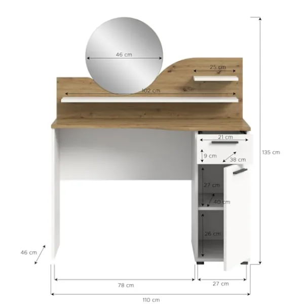 Rootz Living Sminkbord>ROOTZ Vanity toalettbord toalettbord kosmetiskt bord - ek nb - vit nb - 1 låda - 1 dörr - 2 hyllor - modulär design - fsc certifierad - 110 cm x 135 c | Fyndiq