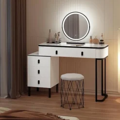Rootz Living Sminkbord>Rootz Vanity toalettbordsuppsättning - Makeupbord - Skönhetsdisk - Dimbar LED -spegel - Velvet Stool - 100 cm x 126 cm x 40 cm - White & Black