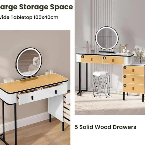 Rootz Living Sminkbord>Rootz Vanity toalettbordsuppsättning - Makeupbord - Skönhetsdisk - Dimbar LED -spegel - Velvet Stool - 100 cm x 126 cm x 40 cm - White & Black