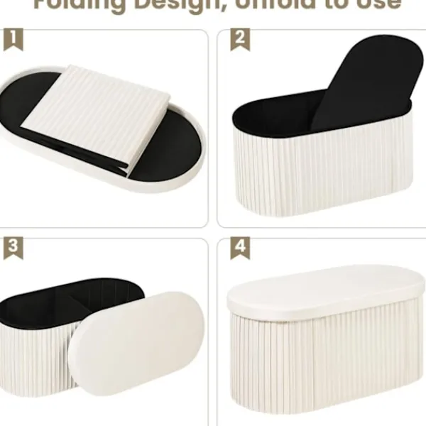 Rootz Living Sittpuffar>Rootz Velvet Förvaringsbänk - Osmansk bänk - Stor fotpall - Hudvänlig - 76L Kapacitet - Kräm - 76cm x 38cm x 38cm