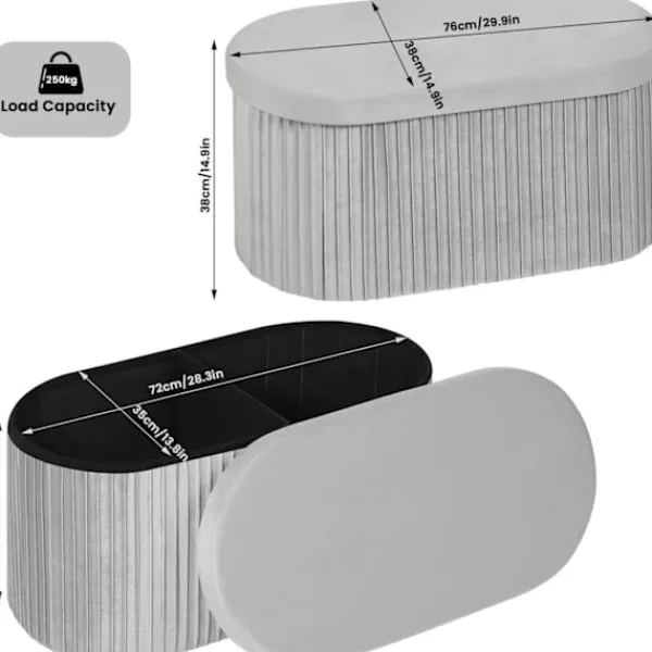 Rootz Living Pallar>Rootz Velvet Seat Pall - Lagring Ottoman - Foldbara möbler - 76L kapacitet - 76x38x38cm grå