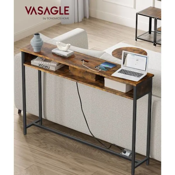 Rootz Living Småbord>Rootz Vintage Brown-Ink Black Soffbord - Sidobord - Spånskiva stål - Power Strip - 25cm x 120cm x 81,1cm