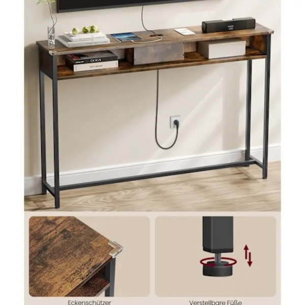 Rootz Living Småbord>Rootz Vintage Brown-Ink Black Soffbord - Sidobord - Spånskiva stål - Power Strip - 25cm x 120cm x 81,1cm