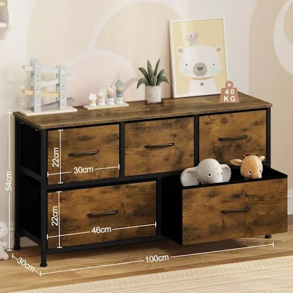 Rootz Living Byråer>Rootz Vintage byrå - Industriellt förvaringsskåp - byrå med 5 lådor - Metallram - 100 cm x 54 cm x 30 cm