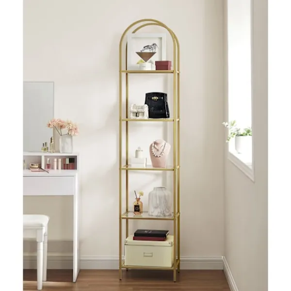 Rootz Living Hyllor>Rootz 5-vånings metallic guld Transparent glashylla - Displayställ - Förvaringsställ - Härdat glas - Stålram - 30,2 cm x 40 cm x 183,5 cm - Lättvikt - | Fyndiq