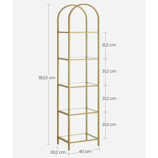 Rootz Living Hyllor>Rootz 5-vånings metallic guld Transparent glashylla - Displayställ - Förvaringsställ - Härdat glas - Stålram - 30,2 cm x 40 cm x 183,5 cm - Lättvikt - | Fyndiq