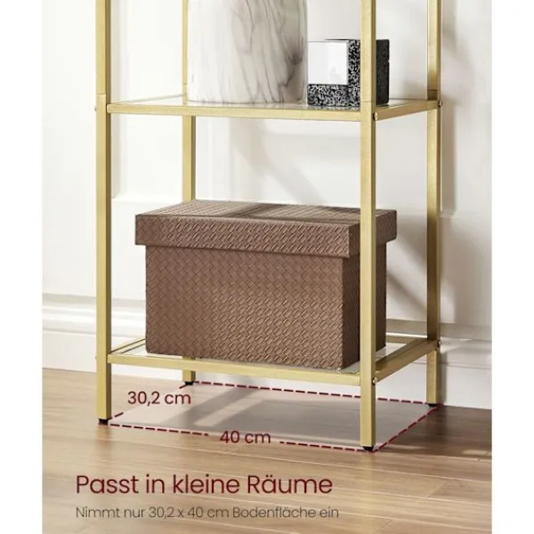 Rootz Living Hyllor>Rootz 5-vånings metallic guld Transparent glashylla - Displayställ - Förvaringsställ - Härdat glas - Stålram - 30,2 cm x 40 cm x 183,5 cm - Lättvikt - | Fyndiq