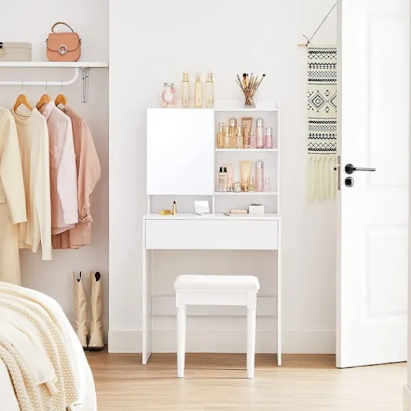 Rootz Living Sminkbord>Rootz White Chipboard Sminkbord - Sminkbord - Sminkbord - 70 x 40 x 136 cm - Tippskydd - Enkel montering - Förvaringsutrymme