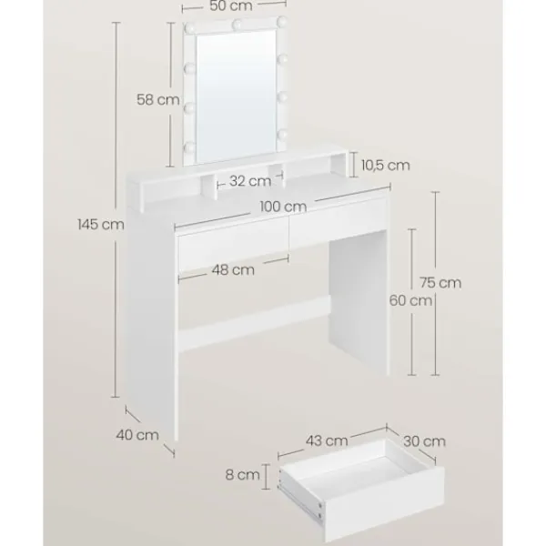Rootz Living Sminkbord>Rootz White Chipboard Sminkbord - Sminkbord - Sminkbord - Rymlig förvaring - Robust konstruktion - Enkel montering - 40cm x 100cm x 145cm